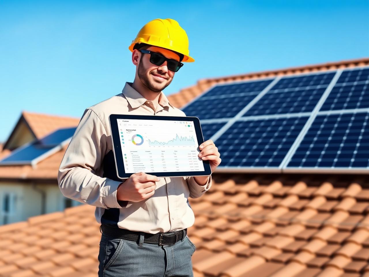 Técnico solar con tablet mostrando dashboard junto a paneles solares