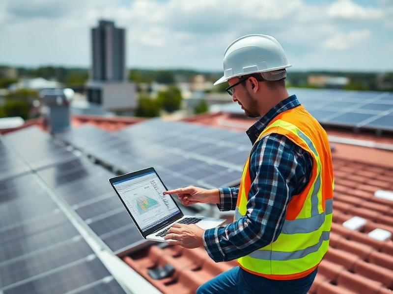 Ingeniero solar con laptop en obra